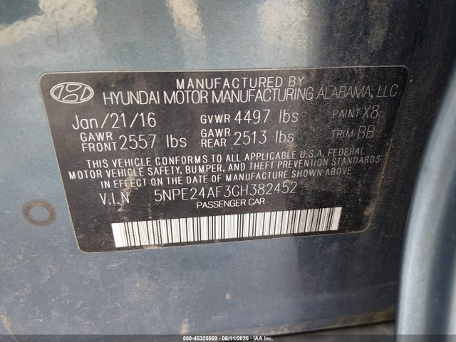 2016 Hyundai Sonata Se მანქანა იყიდება აუქციონზე, vin: 5NPE24AF3GH382452, აუქციონის ნომერი: 45325569