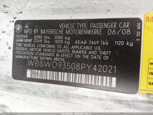 45325581 :رقم المزاد ، WBSWD93508PY42021 vin ، 2008 Bmw M3 مزاد بيع