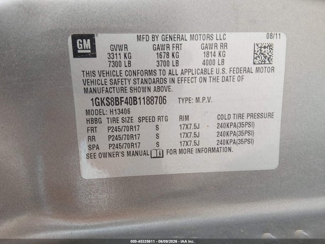 Продажа на аукционе авто 2011 Gmc Savana 1500 Ls, vin: 1GKS8BF40B1188706, номер лота: 45325611