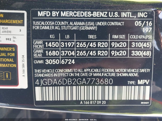 45325623 :رقم المزاد ، 4JGDA6DB2GA773680 vin ، 2016 Mercedes-benz Gle 550e 4matic مزاد بيع