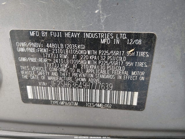 45325638 :رقم المزاد ، JF2SH63649H777639 vin ، 2009 Subaru Forester 2.5x مزاد بيع