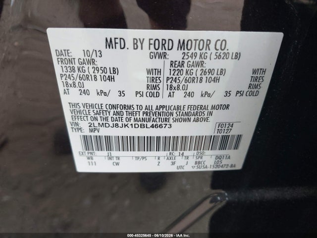 45325645 :رقم المزاد ، 2LMDJ8JK1DBL46673 vin ، 2013 Lincoln Mkx مزاد بيع
