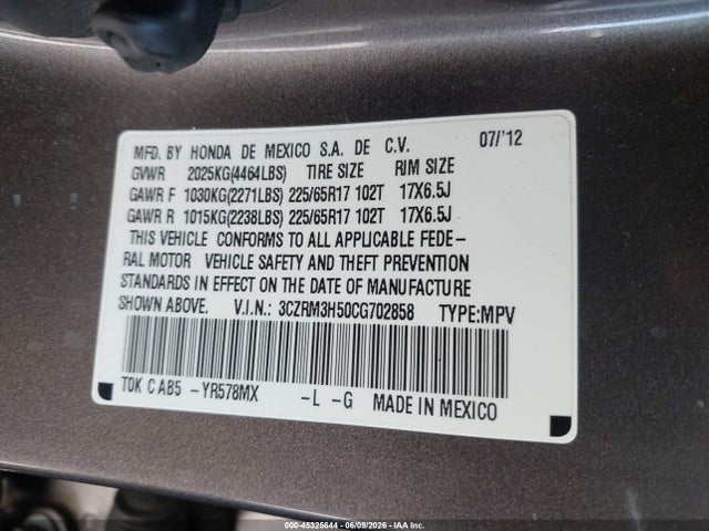Aukcja sprzedaży 2012 Honda Cr-v Ex, vin: 3CZRM3H50CG702858, numer aukcji: 45325644
