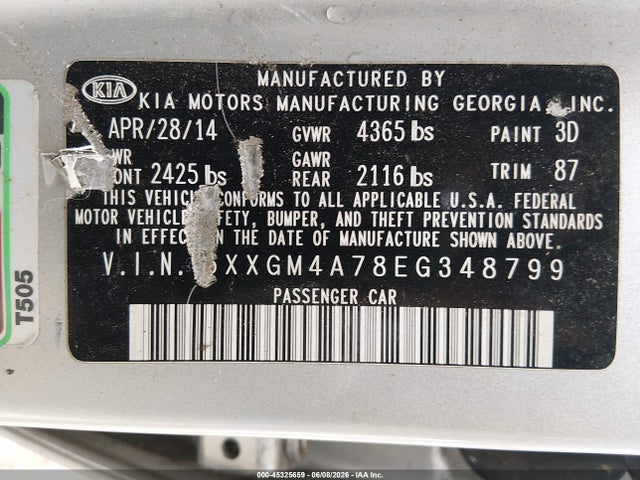2014 Kia Optima Lx მანქანა იყიდება აუქციონზე, vin: 5XXGM4A78EG348799, აუქციონის ნომერი: 45325659