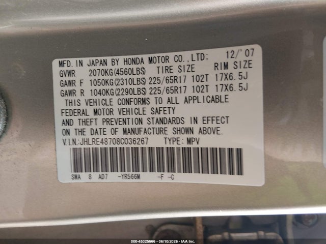 Aukcja sprzedaży 2008 Honda Cr-v Ex-l, vin: JHLRE48708C036267, numer aukcji: 45325666