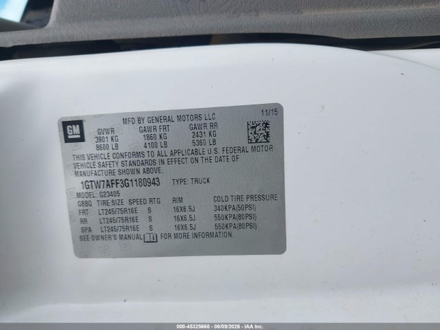2016 Gmc Savana 2500 Work Van მანქანა იყიდება აუქციონზე, vin: 1GTW7AFF3G1180943, აუქციონის ნომერი: 45325668