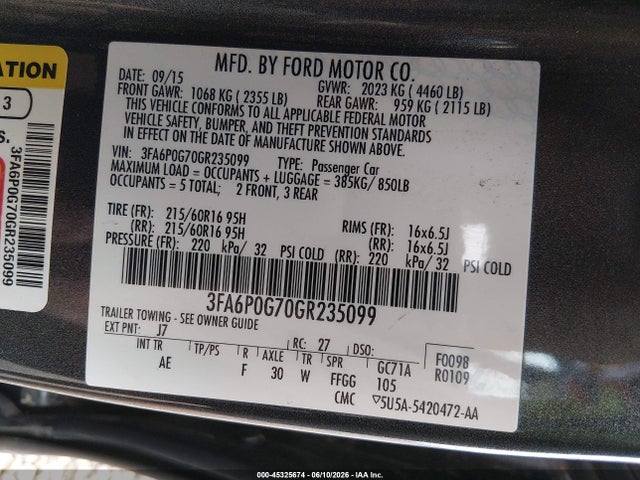 Ford FUSION S 2016 3FA6P0G70GR235099 Image 9