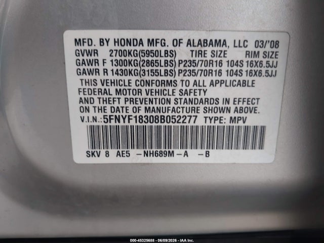 Aukcja sprzedaży 2008 Honda Pilot Se, vin: 5FNYF18308B052277, numer aukcji: 45325688