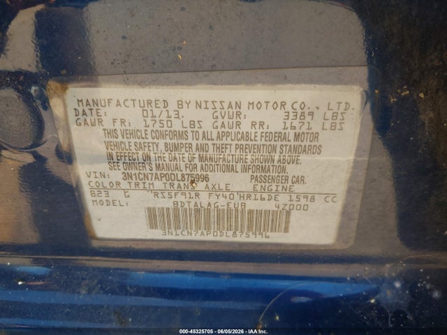 2013 Nissan Versa 1.6 S მანქანა იყიდება აუქციონზე, vin: 3N1CN7AP0DL875996, აუქციონის ნომერი: 45325705