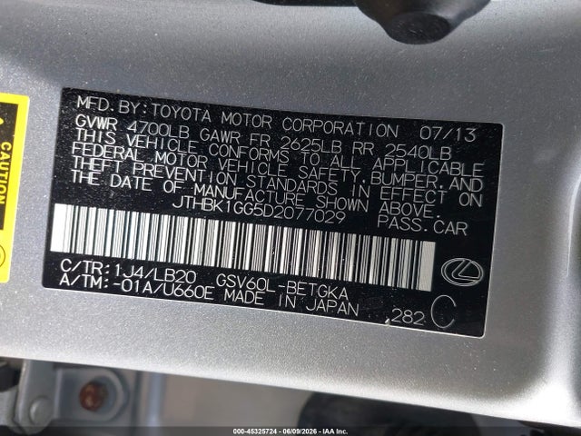 Aukcja sprzedaży 2013 Lexus Es 350, vin: JTHBK1GG5D2077029, numer aukcji: 45325724