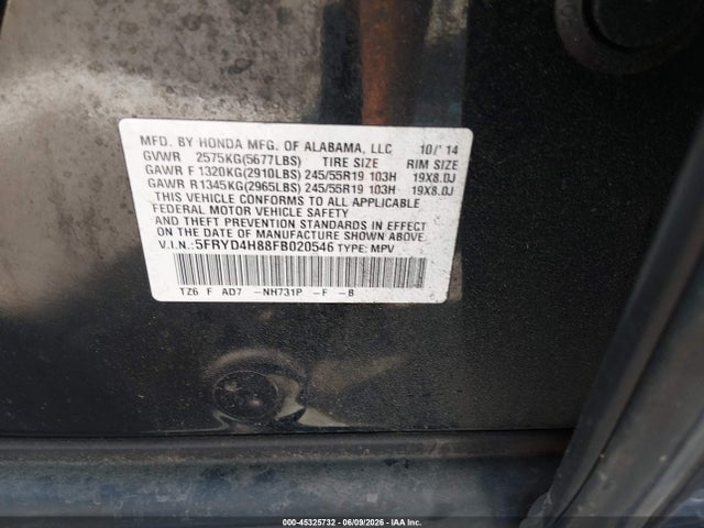 45325732 :رقم المزاد ، 5FRYD4H88FB020546 vin ، 2015 Acura Mdx Advance Pkg W/entertainment Pkg مزاد بيع