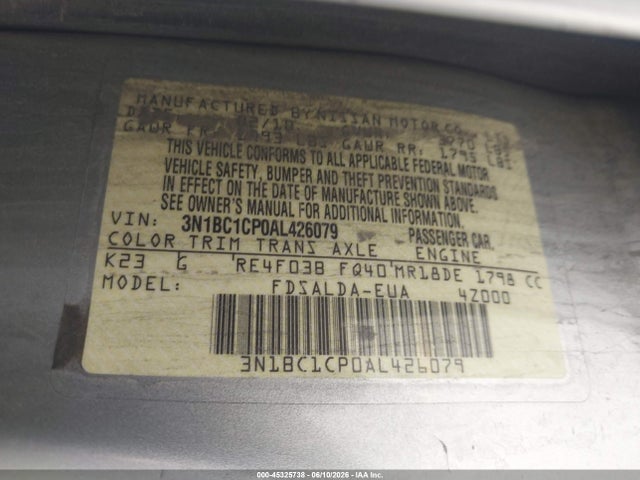 Aukcja sprzedaży 2010 Nissan Versa 1.8s, vin: 3N1BC1CP0AL426079, numer aukcji: 45325738