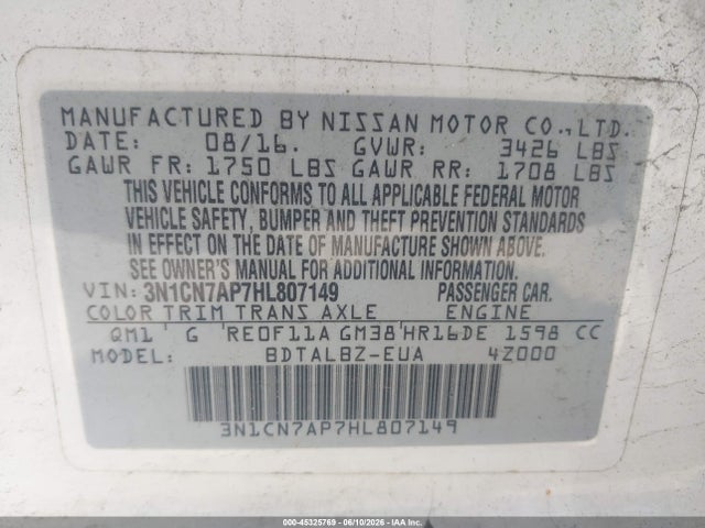 3N1CN7AP7HL807149 Nissan Versa 1.6 Sv