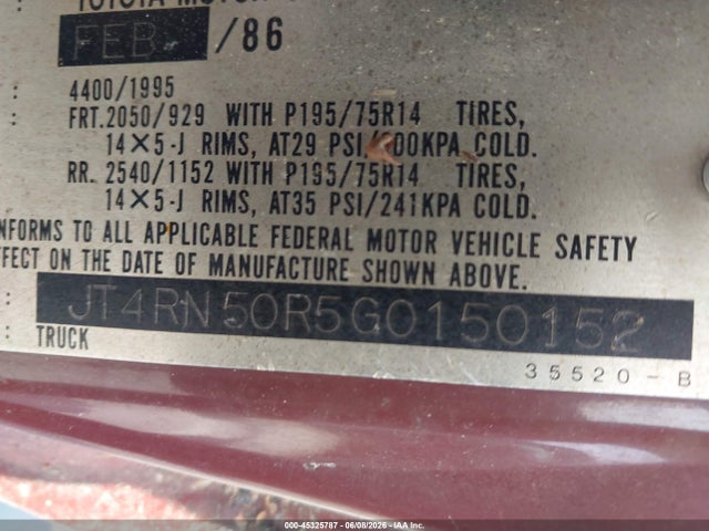 1986 Toyota Pickup 1/2 Ton Rn50 მანქანა იყიდება აუქციონზე, vin: JT4RN50R5G0150152, აუქციონის ნომერი: 45325787