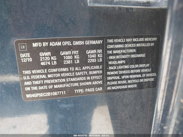 45325792 :رقم المزاد ، W04GP5EC2B1087711 vin ، 2011 Buick Regal Cxl Russelsheim مزاد بيع