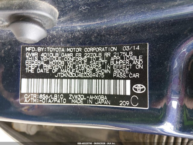 45325795 :رقم المزاد ، JTDKN3DU4E0369475 vin ، 2014 Toyota Prius Five مزاد بيع