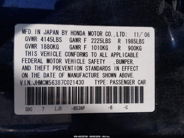 Aukcja sprzedaży 2007 Honda Accord 2.4 Se, vin: JHMCM56387C021430, numer aukcji: 45325798