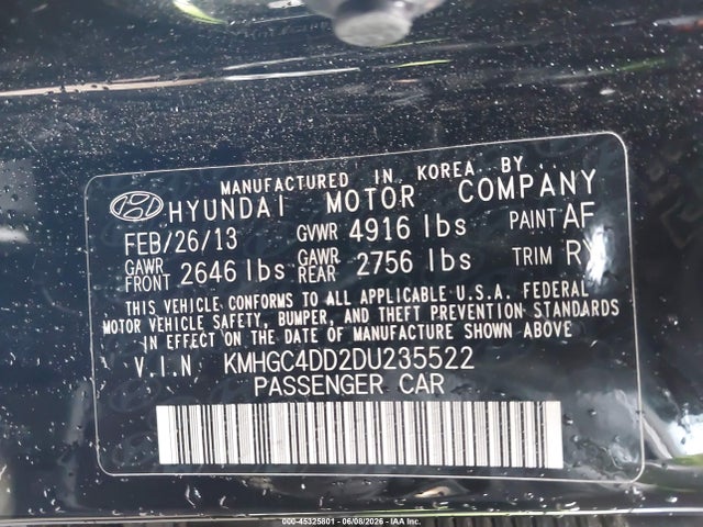 45325801 :رقم المزاد ، KMHGC4DD2DU235522 vin ، 2013 Hyundai Genesis 3.8 مزاد بيع