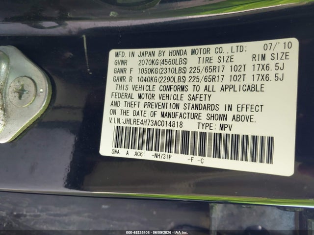 2010 Honda Cr-v Ex-l მანქანა იყიდება აუქციონზე, vin: JHLRE4H73AC014818, აუქციონის ნომერი: 45325808