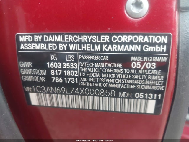 Aukcja sprzedaży 2004 Chrysler Crossfire, vin: 1C3AN69L74X000858, numer aukcji: 45325809