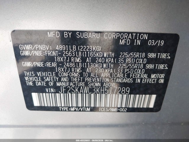 Продажа на аукционе авто 2019 Subaru Forester Touring, vin: JF2SKAWC3KH517289, номер лота: 45325851