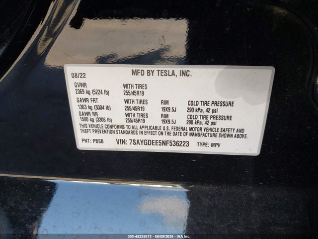 Aukcja sprzedaży 2022 Tesla Model Y Long Range Dual Motor All-wheel Drive, vin: 7SAYGDEE5NF536223, numer aukcji: 45325872