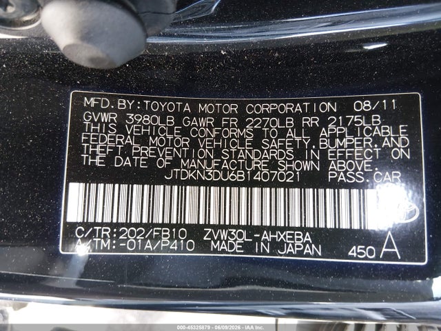 2011 Toyota Prius Three მანქანა იყიდება აუქციონზე, vin: JTDKN3DU6B1407021, აუქციონის ნომერი: 45325879