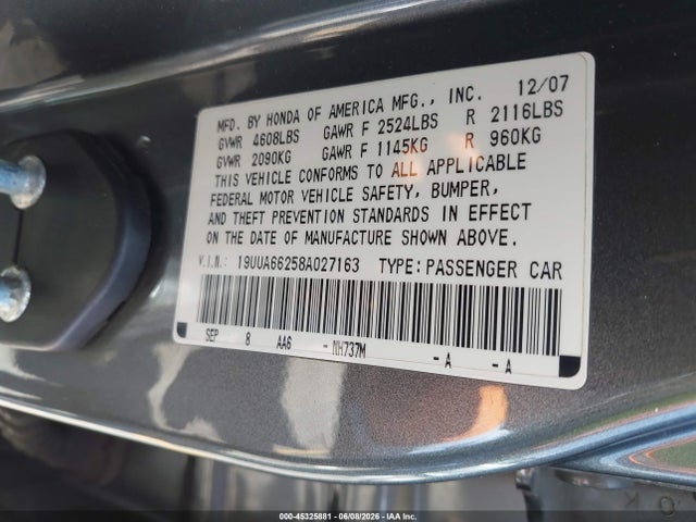 45325881 :رقم المزاد ، 19UUA66258A027163 vin ، 2008 Acura Tl 3.2 مزاد بيع