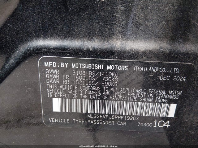 Aukcja sprzedaży 2024 Mitsubishi Mirage G4 Se, vin: ML32FVFJ5RHF19263, numer aukcji: 45325922