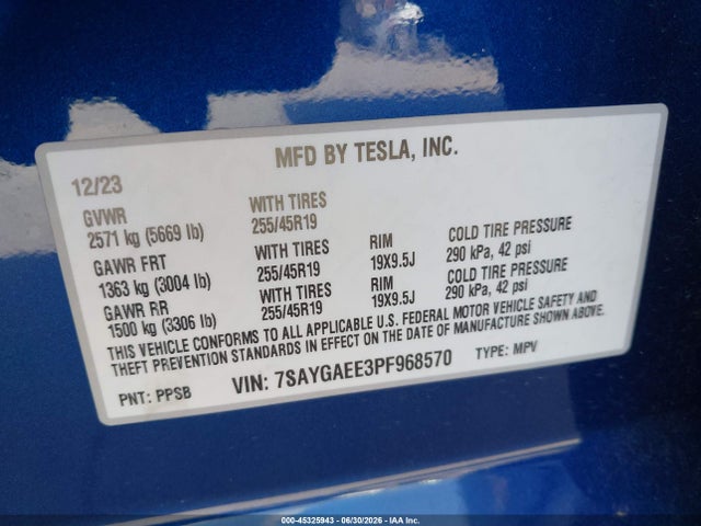 Продажа на аукционе авто 2023 Tesla Model Y Awd/long Range Dual Motor All-wheel Drive, vin: 7SAYGAEE3PF968570, номер лота: 45325943