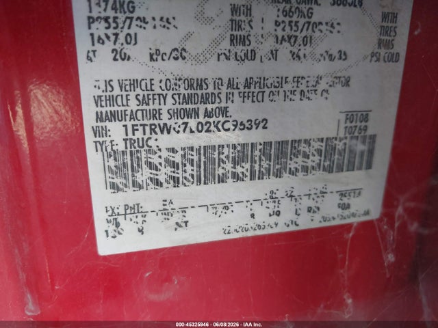 Продажа на аукционе авто 2002 Ford F-150 Lariat/xlt, vin: 1FTRW07L02KC96392, номер лота: 45325946