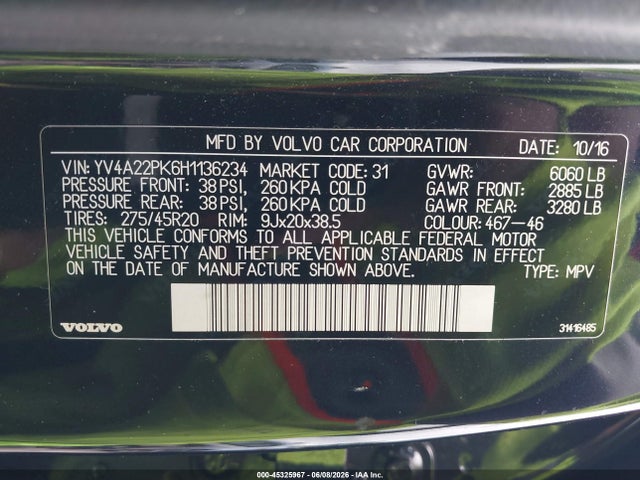 Продажа на аукционе авто 2017 Volvo Xc90 T6 Momentum, vin: YV4A22PK6H1136234, номер лота: 45325967