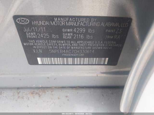 2012 Hyundai Sonata Gls მანქანა იყიდება აუქციონზე, vin: 5NPEB4AC7CH330614, აუქციონის ნომერი: 45325973
