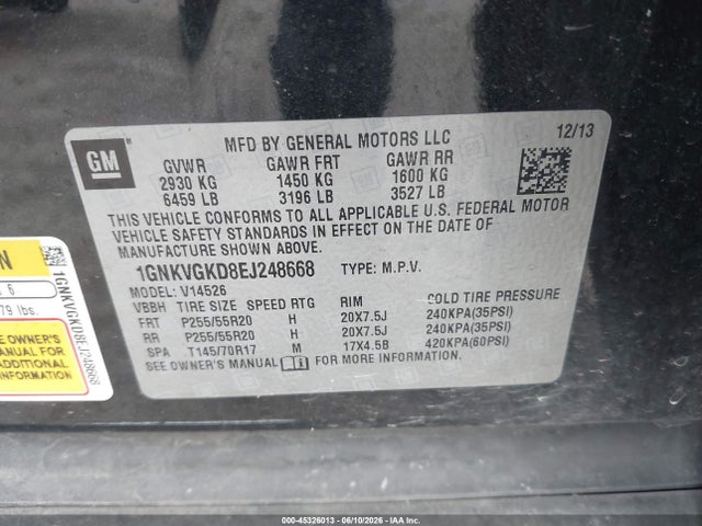 2014 Chevrolet Traverse Lt მანქანა იყიდება აუქციონზე, vin: 1GNKVGKD8EJ248668, აუქციონის ნომერი: 45326013