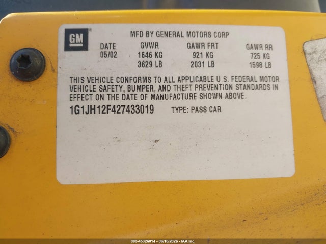 Продаж на аукціоні авто 2002 Chevrolet Cavalier Z24, vin: 1G1JH12F427433019, номер лоту: 45326014