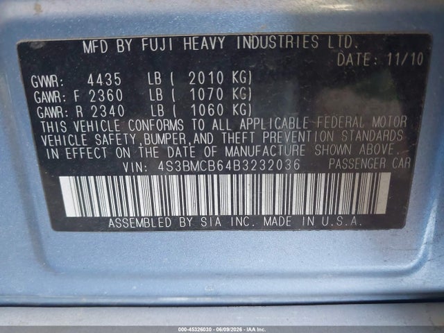 45326030 :رقم المزاد ، 4S3BMCB64B3232036 vin ، 2011 Subaru Legacy 2.5i Premium مزاد بيع