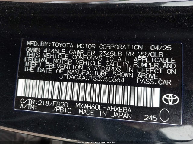 Aukcja sprzedaży 2025 Toyota Prius Le, vin: JTDACAAU1S3060664, numer aukcji: 45326042