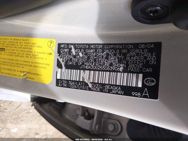 2005 Lexus Es 330 მანქანა იყიდება აუქციონზე, vin: JTHBA30G255063906, აუქციონის ნომერი: 45326052
