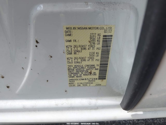 2022 Nissan Frontier Sv 4x2 მანქანა იყიდება აუქციონზე, vin: 1N6ED1EJ2NN657598, აუქციონის ნომერი: 45326067