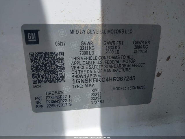 45326069 :رقم المزاد ، 1GNSKBKC4HR367245 vin ، 2017 Chevrolet Tahoe Lt مزاد بيع