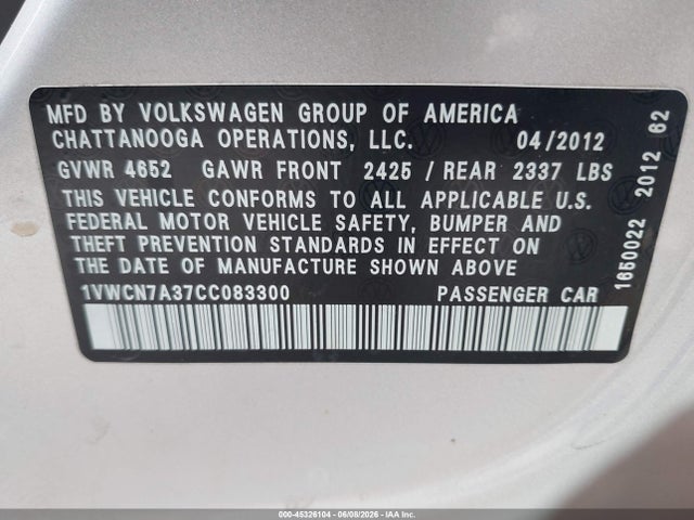 Продаж на аукціоні авто 2012 Volkswagen Passat 2.0l Tdi Sel Premium, vin: 1VWCN7A37CC083300, номер лоту: 45326104