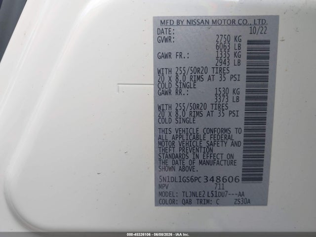 5N1DL1GS6PC348606 Infiniti Qx60 Sensory Awd