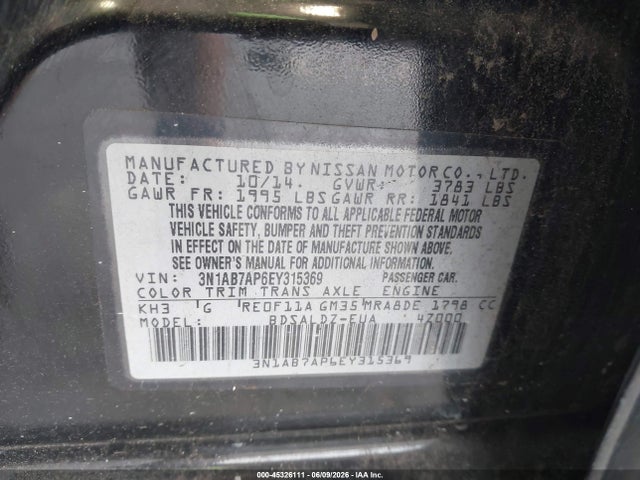Продажа на аукционе авто 2014 Nissan Sentra Sv, vin: 3N1AB7AP6EY315369, номер лота: 45326111