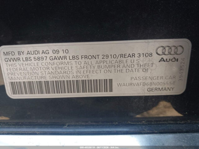2011 Audi A8 L 4.2 მანქანა იყიდება აუქციონზე, vin: WAURVAFD6BN005554, აუქციონის ნომერი: 45326118