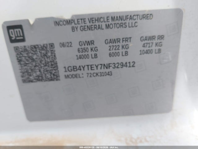 45326125 :رقم المزاد ، 1GB4YTEY7NF329412 vin ، 2022 Chevrolet Silverado 3500hd Chassis Lt مزاد بيع