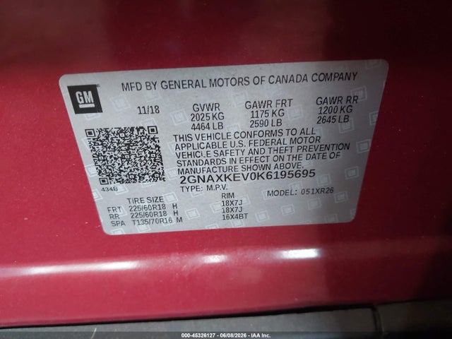 45326127 :رقم المزاد ، 2GNAXKEV0K6195695 vin ، 2019 Chevrolet Equinox Lt مزاد بيع