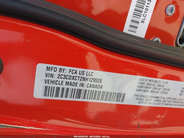 45326130 :رقم المزاد ، 2C3CDXCT2NH129526 vin ، 2022 Dodge Charger R/t مزاد بيع