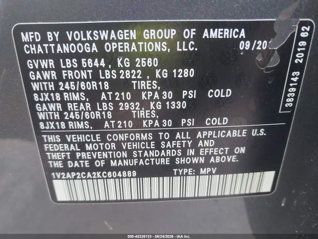 2019 Volkswagen Atlas 2.0t S მანქანა იყიდება აუქციონზე, vin: 1V2AP2CA2KC604889, აუქციონის ნომერი: 45326133