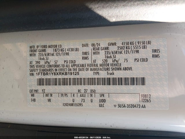 Продажа на аукционе авто 2024 Ford Transit-250, vin: 1FTBR1Y8XRKB19125, номер лота: 45326134
