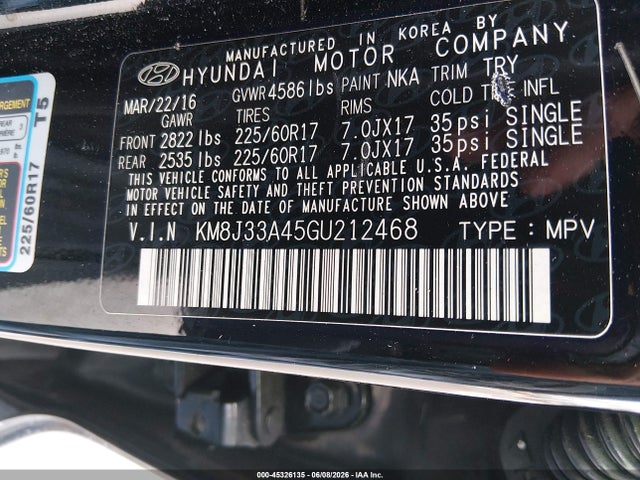 Продажа на аукционе авто 2016 Hyundai Tucson Se, vin: KM8J33A45GU212468, номер лота: 45326135